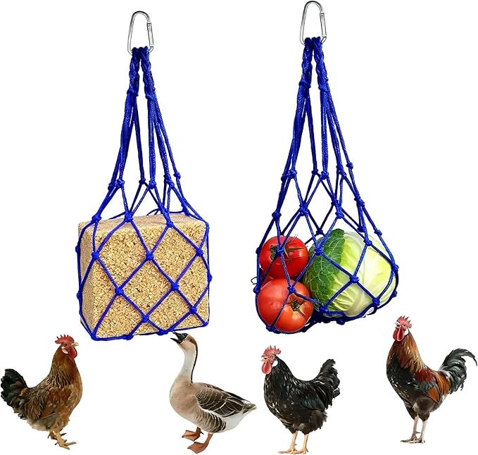 Chicken Vegetable Hanging Feeder 2PCS, Reusable String Bag Net Hanging Feeder for Chickens Ducks Coops Toy, Enrichment Toys, Treat Holder, No Waste Poultry Accessory(Blue)