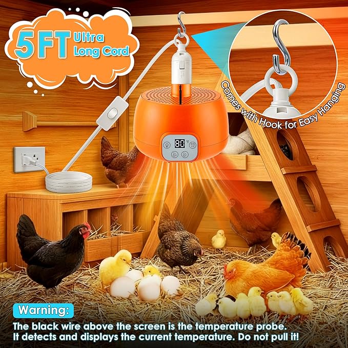 Enhon Chicken Coop Heater, Timing Heat Lamp for Chickens, Smart Temperature Control Chicken Brooder Heater, 5 Ft Long Cable Heating Lamp for Duck Dog Cats, No Remote