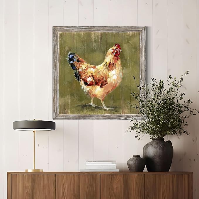 Farm Rustic Wall Art Decor: Farmhouse Chicken Framed Wood Prints Vintage Country Animal Picture Artwork Hen Chickens Kitchen Painting for Home Living Room 24 x 24 Inches