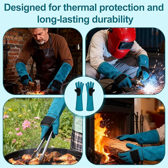 Welding Gloves 23.6" Heat-Resistant Leather, Long Gauntlet Forearm Protection for TIG/MIG, Also for Animal Handling