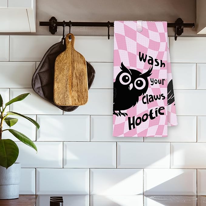 Cute Owl Pink Bathroom Kitchen Towels, Wash Your Claws Hand Towel for Girly Room, Funny Gifts for Owl Lovers, Trendy Preppy Checkered Dish Towels Decor for Dorm Home 16x24in