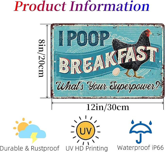 Funny Chicken Coop Signs,I Poop Breakfast Funny Farm,Vintage Metal Chicken Decor For Home Farm Yard Garden Kitchen Outdoor 8" x 12", Retro Turquoise Tin Signs
