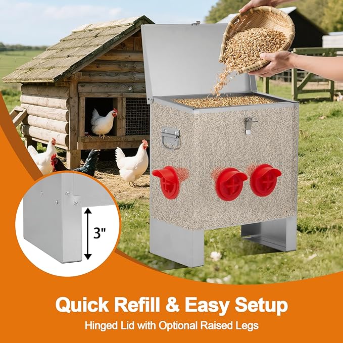 Automatic Chicken Feeder 25lbs Capacity, Galvanized Metal Poultry Feeding Equipment with 4 Ports, Rainproof & Rodent Proof Chicken Food Dispenser for Backyard Coop & Farm Use