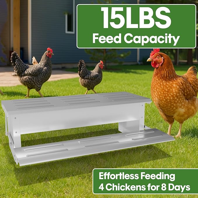 Stainless Steel Automatic Chicken Feeder, Treadle Chicken Feeder with Weatherproof Lid, No Waste Chicken Feeder, 15 lbs Poultry Feeder, for Chickens, Ducks, Fowl
