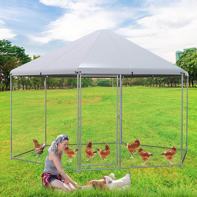 Giantex Large Metal Chicken Run, 13ft Hexagon Walk-in Chicken Coop with Waterproof Cover, Heavy Duty Steel Frame, 12 Stakes, Outdoor Poultry Cage House Chicken Pen Hen Duck Habitat for Farm Yard