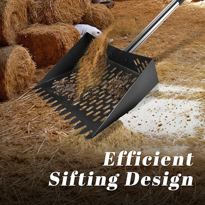 Large Metal Chicken Poop Scooper – Heavy Duty Coop Scoop with Serrated Edge, Adjustable Stainless Steel Handle 35'' to 66'', Rake & Sifting Shovel for Chicken Coops