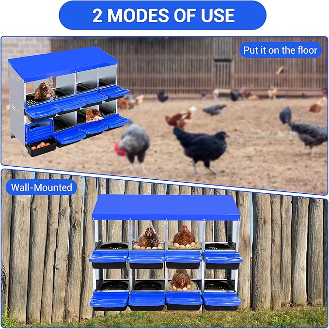 Chicken Nesting Box 8-Hole Roll Away Egg Laying Box with Lid, Galvanized Steel Rustproof Poultry Coop Box, Easy Clean, Wall Mountable No Bracket Needed for Hens, Blue