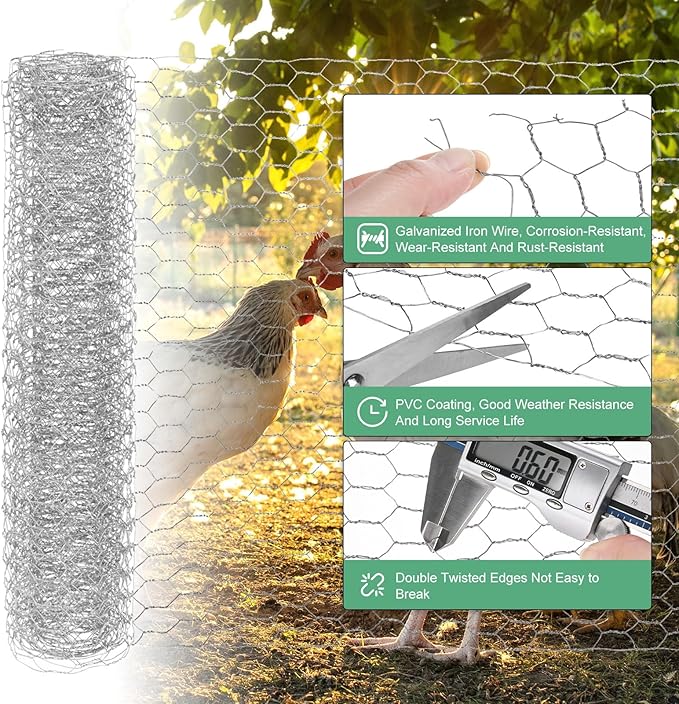 Chicken Wire for Floral Arrangements, 14 x 79 in Galvanized Iron Hexagonal PVC Coated for Crafts/Poultry/Garden, Chicken Wire Netting Fence Mesh [Silver Tone]
