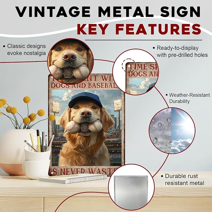 Baseball Fan Cave Wall Art Metal Tin Sign with Dogs Vintage Retro Plaque Rustic Decor for Sports Bar Game Room Basement 12x16inch