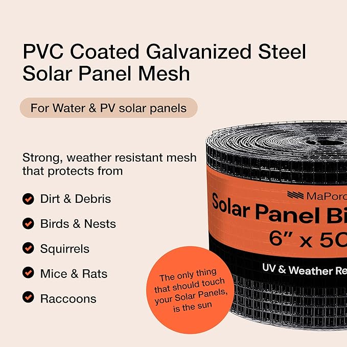 MaPorch Solar Panel Squirrel Netting - PVC Coated Galvanized Steel Mesh - 6 in x 50 ft Black, Under Fence Barrier Mesh - Squirrel Wire Guard & Bird Netting, Solar Panel Protection & Garden Fencing