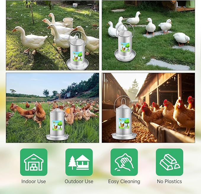 Automatic Chicken Waterer 4L/1.0Gal, 304 Food Grade Stainless Steel Heavy Duty Poultry Waterer with Handle, High Strength Structure 0.035 Inch Metal Thickness, No Assemble (Sliver, 4L/1.0Gal)