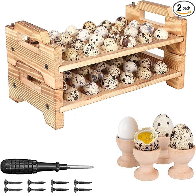 Stackable Wooden Quail Egg Holder Countertop-Expandable Storage Rack with 4 Bonus Egg Cups | Solid Wood Tray with Secure Interlocking Dowels for 48 Fresh Quail & Pigeon Eggs (Single or Multi-Tier Use)