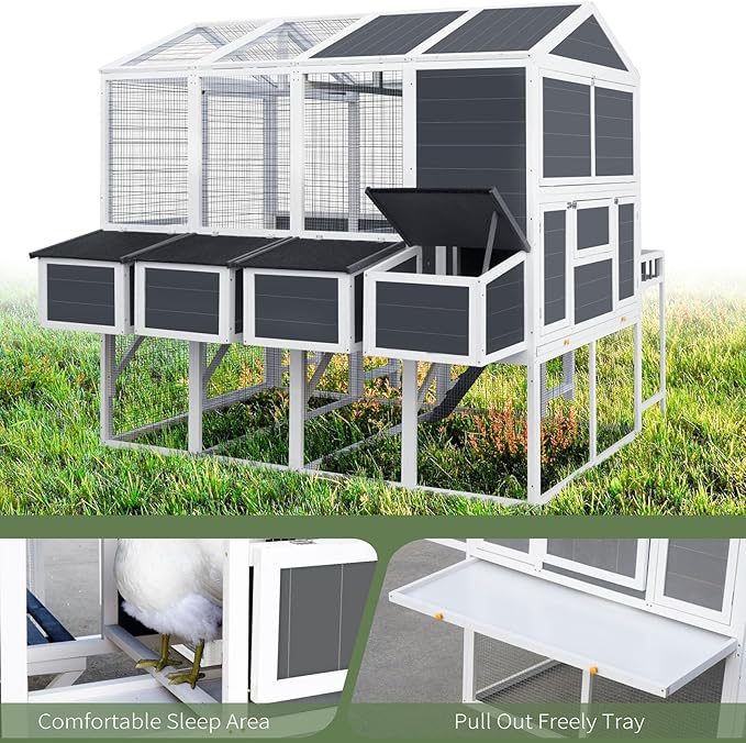 Chicken Coop with Chicken Run, Chicken Coops for 10 Chickens Outdoor with Nesting Boxes, Wooden Walk-in Chicken House with Pull Out Trays, Garden Backyard Cage
