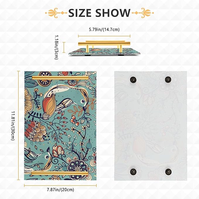 Bathroom Vanity Tray Counter Organizer, Floral and Bird Pattern Turquoise Decorative Tray with Handles Countertop Storage for Bathroom Bedroom Kitchen Home Farmhouse
