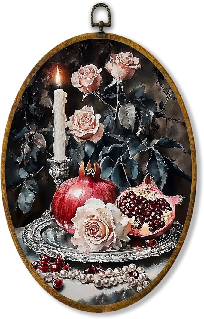Hiuwevt Pomegranate Rose Oval Wall Art Decor, Vintage Dark Moody Academia Pomegranate Floral Framed Canvas Prints, Goth Candle Round Wall Hanging Decor for Bedroom Home Decorations, 8.6x11.4 Inches