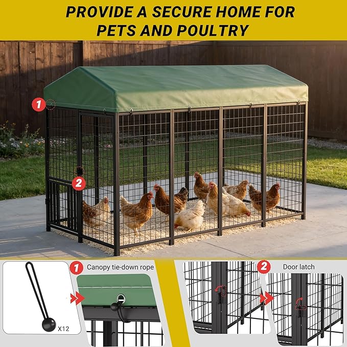 YOHKOH Chicken Enclosure, 8'W x 4'D x 5.6'H Large Outdoor Poultry Coop with Waterproof Cover, Metal Walk-in Chicken Coop for 15 Chickens Ducks Rabbits, Sturdy Heavy-Duty Black Poultry Pen