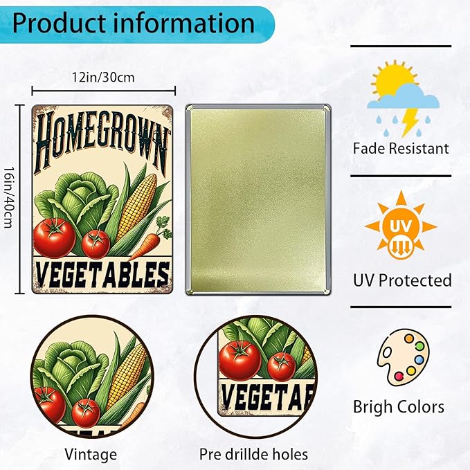 Homegrown Vegetable Wall Decor Vegetable Tomato Corn Metal Tin Sign 12x16 Inch Home Restaurant Kitchen Farm Garden Yard Sign Outdoor Art Wall Decor