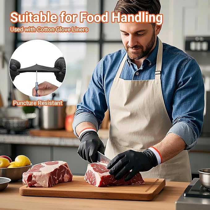100 PCS Disposable Black Nitrile BBQ Gloves Large - 5 Mil Heavy Duty Power Latex Free for Grilling, Kitchen Cooking, BBQ, Serving, Barber, with 6 Pairs Cotton Glove Liners for Men & Women
