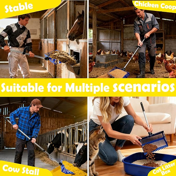 Chicken Poop Scooper & Rake 2-in-1 2026 New Blue Stainless Steel 15" Extra Large Sifting Shovel, 24"-68" Adjustable Handle with Sawtooth, 0.25" Leak-Proof Squares for Chicken Coop & Pet/Horse Manure ﻿