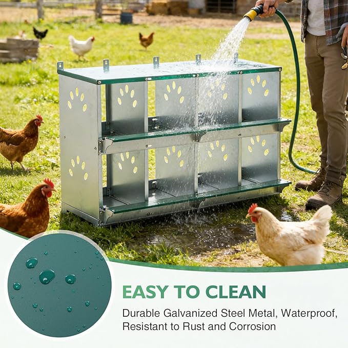 EAGLE PEAK 8-Hole Wall Mounted Chicken Nesting Box, Roll Away Hen Laying Box with Sloped Roof & Easy Clean Tray, Galvanized Steel for Backyard Chicken Coops (Green)