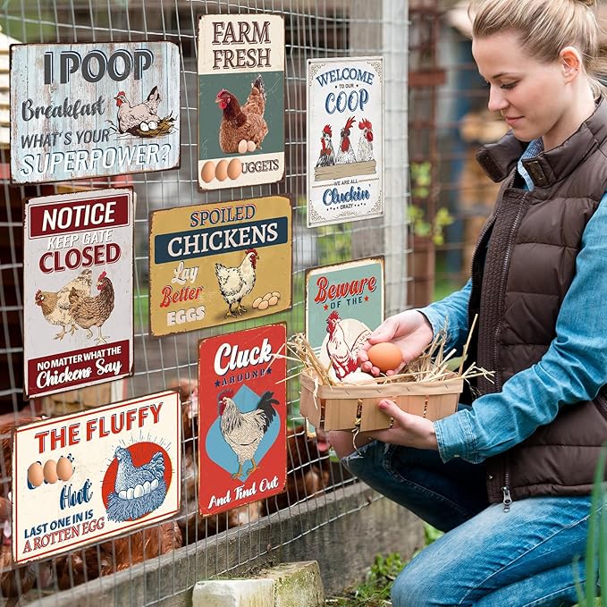 Funny Chicken Coop Decor, 8PCS Metal Chicken Coop Signs Accessories Outdoor, Farm House Personalized Gifts for Yard Fence Decor 12x8 Inches