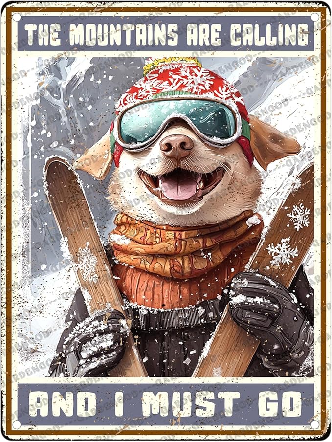 Funny Ski Decor Metal Sign Bulldog Skiing The Mountains Are Calling And I Must Go Skiing Metal Poster Home Kitchen Cafe Aluminium Sign Art Wall Decor 16x12 Inch