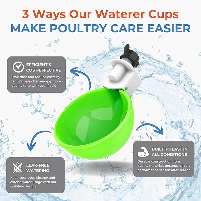 Lil'Clucker - Large Automatic Chicken Waterer Cups Suitable for Ducks, Geese, Turkeys, and Bunny Rabbit - Water Feeder Kit - Poultry Waterer (Green, 5 Pack)