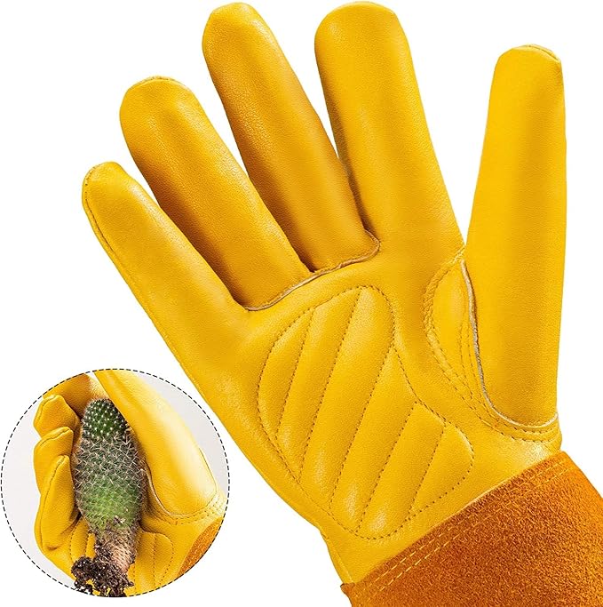 Thorn Proof Gardening Gloves for Men & Women, Long Cowhide Leather Rose Pruning Gloves with Forearm Protection, Puncture Resistant Gauntlets for Cacti, Blackberries & Yard Work(Butter Yellow,Medium)