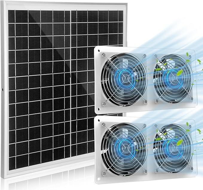 Solar Exhaust Fans Kit with 4 Fans 20w Waterproof Solar Panel + High Speed Dual Exhaust Fan Solar Panel Powered Fan with On/Off Switch for Chicken Coop, Shed Cooling Ventilation Project