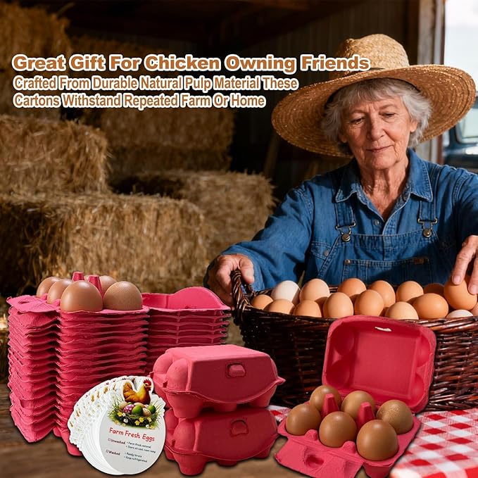 Reusable Egg Cartons, Paper Pulp Material, 50 Pack, Pink Yellow Orange Red Colors, Farm Fresh Eggs Storage Container (Red)