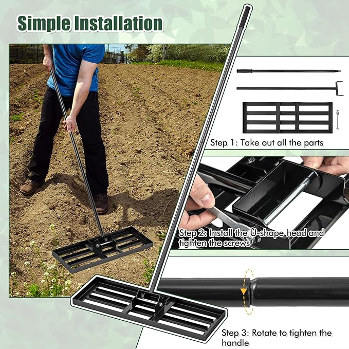 Happygrill Lawn Leveling Rake, Heavy Duty Lawn Level Tool for Soil w/67” Handle, Dirt Ground Leveler, Effort-Saving Landscape Rake for Garden, Backyard, Golf Course, Farm, Pasture (30" x 10", Black)