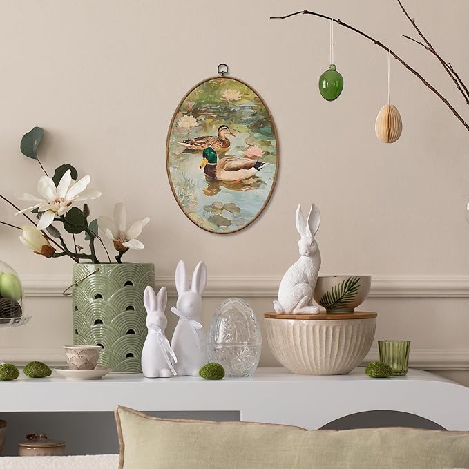 Yorhifa Vintage Mallard Duck Framed Wall Art, Cottagecore Lotus Pond Duck Landscape Oval Wall Art, Rustic Farmhouse Animal Oval Walls Decor, Country Waterfowl Canvas Artwork Hanging Decor, 8.5x11.5in
