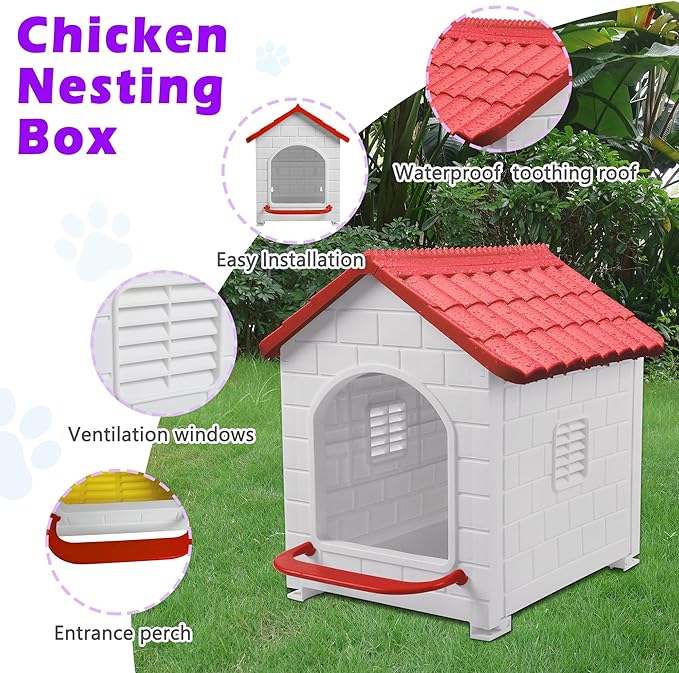 Chicken Nesting Box, 100% Waterproof Hens Nesting Box for Laying Eggs for Hens, Ducks and Poultry, Large Signle Compartment Chicken Nesting Boxs Indoor & Outdoor (Red)