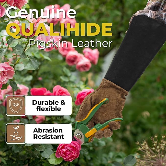 HANDLANDY Long Gardening Gloves for Men & Women, Pigskin Leather Rose Pruning Gloves, Breathable Thorn Proof Gauntlet Glove (Coffee Brown, M)