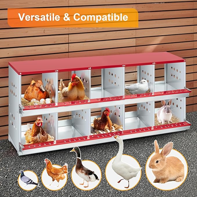 10-Compartment Chicken Nesting Box with Roll-Away Egg Collection - Metal Laying Box for Hens and Ducks, Features Pull-Out Tray & Swing Perch, Wall Mount Design for Coops