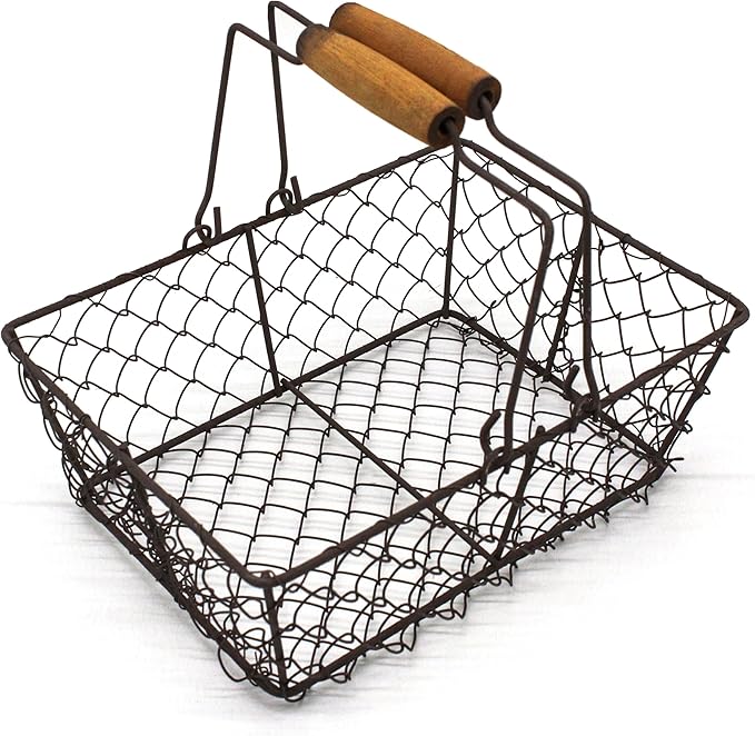 Farmhouse Egg Basket Chicken Wire Egg Holder Countertop Egg Collecting Basket with Wooden Handles, Egg Basket for Gathering Fresh Eggs, Rusty