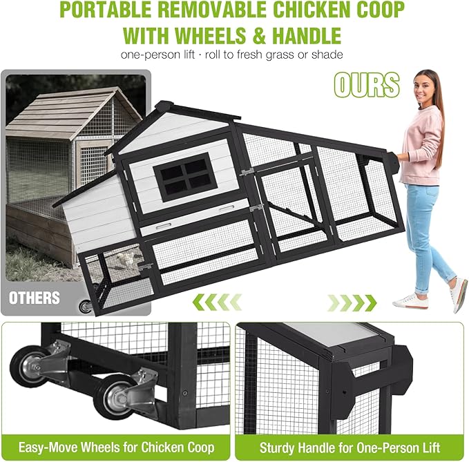GUTINNEEN Large Chicken Coop with Wheels, Expandable Mobile Chicken House for Outdoor Use, Hen House Poultry Cage with Nesting Box, Leakproof Pull-Out Tray & UV-Resistant Roof – Black