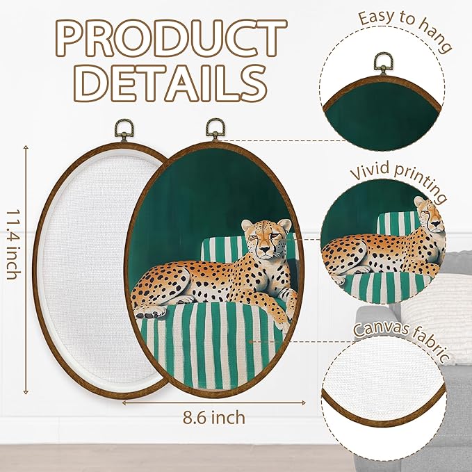 WULQYING Vintage Cheetah Sofa Wall Art Decor, Jungle Leopard Oval Framed Canvas Art Prints, Emerald Striped Sofa Animal Wall Hanging Decor for Home Living Room Gallery Apartment, 8.6x11.4 Inches