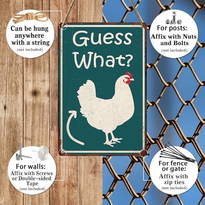 Guess What Funny Chicken Coop Tin Sign, Chicken Butt Poster, Farmhouse Kitchen Wall Art, Coop Accessories, Home Decor 8x12 Inch