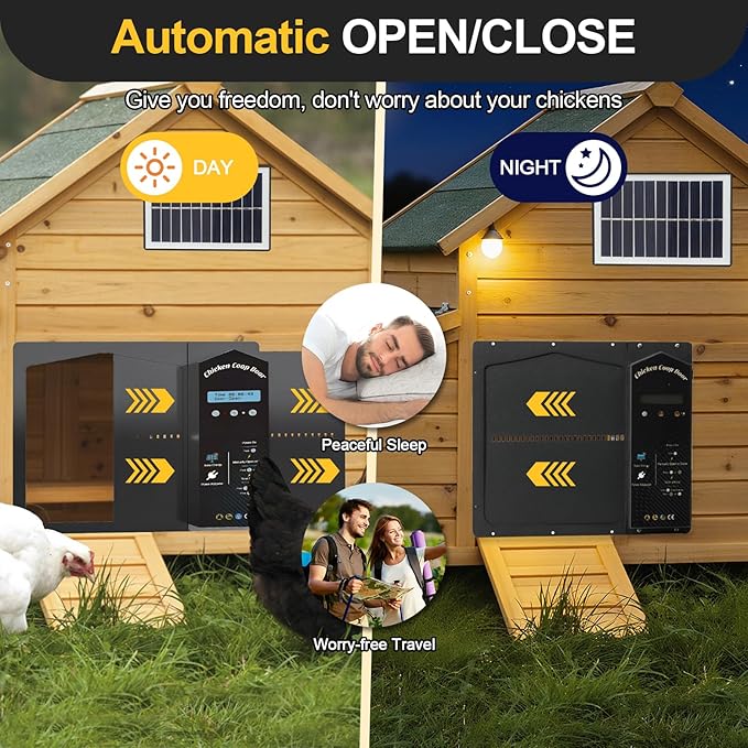 Automatic Chicken Coop Door Solar Powered with LCD Display, Large Aluminum Alloy Chicken Door with Safety Anti-Pinch, 3 Power Supply Modes, Remote Control, Adaptable to a Variety of Harsh Environments