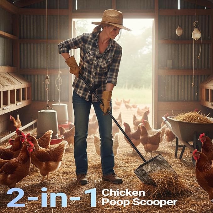 Chicken Poop Scooper with 12" Wide Heavy Duty Litter Shovel and Adjustable 25–73" Steel Handle, Multi-Section Detachable Pole Poop Rake for Easy Chicken Coop Cleaning, Durable Metal Accessories