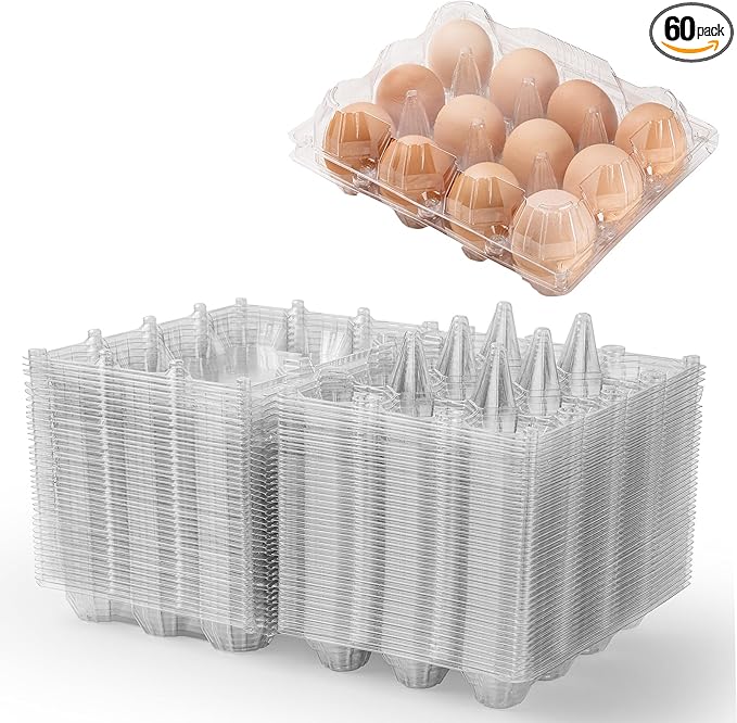 60 Pack Plastic Egg Cartons Cheap Bulk,12 Count Clear Empty Egg Cartons for Fresh Chicken Eggs,3x4 Grids Reusable Egg Trays for Refrigerator Storage, Chicken Farm, Markets Display
