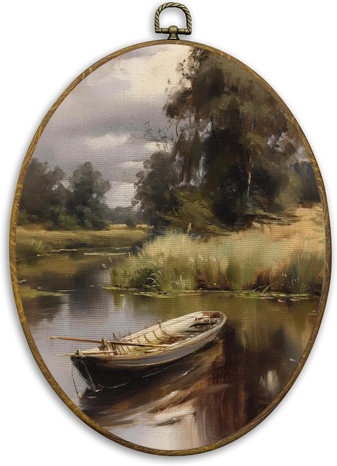 CUANFDDSF Vintage Rustic Lakeside Boat Oval Wall Art Decor, Farmhouse Country Wall Hanging Decor, Retro Countryside Landscape Framed Canvas Prints for Home Bedroom Living Room, 8.6x11.4 Inch