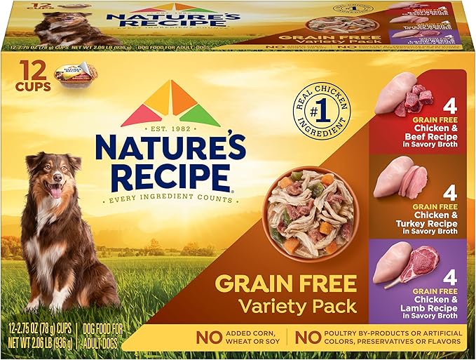 Nature's Recipe Grain Free Wet Dog Food Variety Pack, Chicken Recipes with Beef, Turkey & Lamb in Savory Broth, 2.75 oz. Cups (Pack of 24), 2 Count