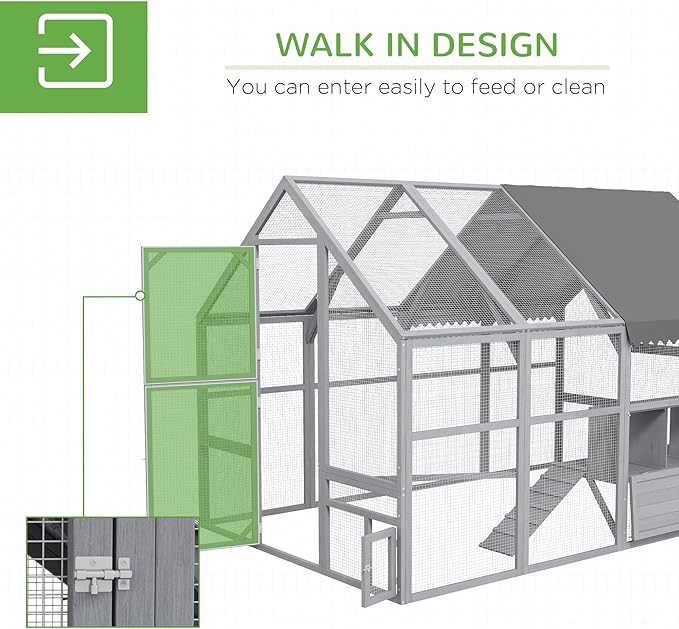 PawHut Large Chicken Run, Wooden Chicken Coop with Waterproof & Anti-UV Cover, Split Door, 4 Nesting Boxes, Roosting Bar, Walk-in Chicken Pen for 8-12 Chickens, for Backyard, Farm, 9' x 6' x 6'