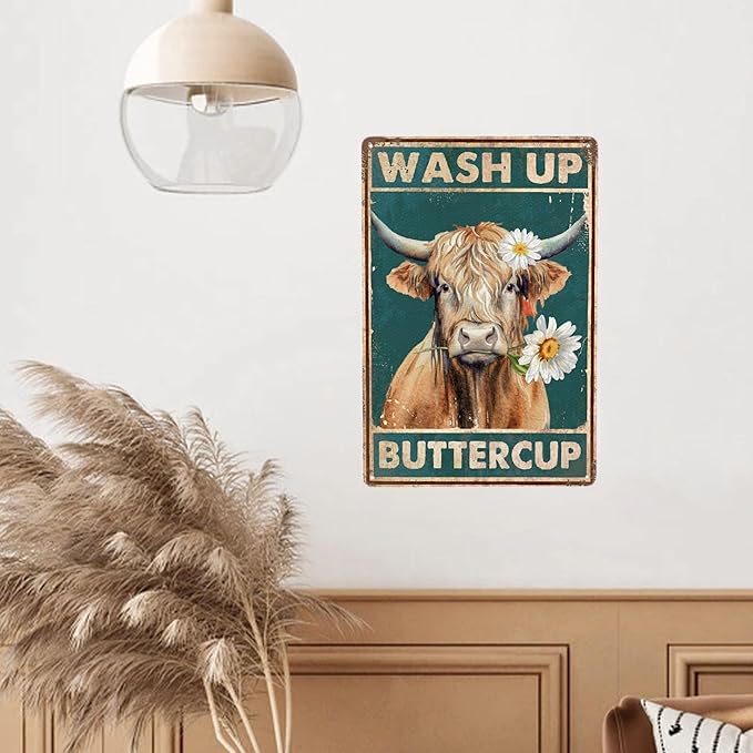 Highland Cow Vintage Metal Poster Wash Up Buttercup Sign Decor-Retro Funny Cow Wall Art Metal Tin Sign Bathroom Home Hanging Decor Funny Toilet Metal Sign Bathroom Wall Art, 12''x 8''