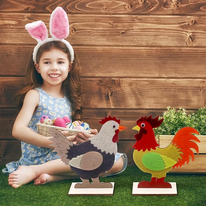 2pcs Easter Chicken Decoration for Home Farmhouse Rooster Decor Chicken Party Decoration Wooden Sign Wood Cutout Ornament Hen Craft Table Kitchen Garden Tiered Tray