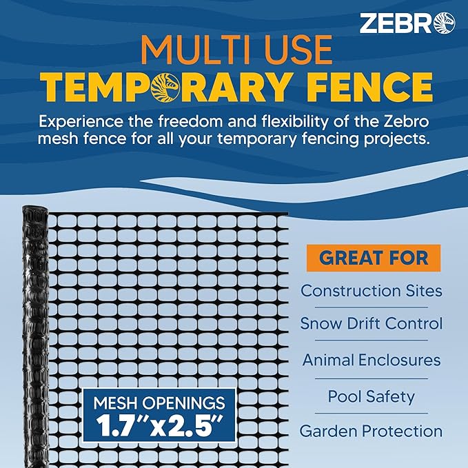 ZEBRO 4' x 100' Black Plastic Garden Fence Roll – Light Duty Mesh Fencing for Temporary Fence, Snow, Garden Netting, Animal Barrier, Agricultural Fencing & Lawn Protection