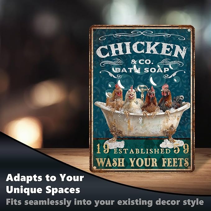 Funny Chicken Bathroom Sign Chicken Coop Metal Decor Wash Your Feets Tin Signs Vintage Wall Art For Home Restroom Washroom Cafe Indoor Kitchen Toilet Farmhouse Bar 16 * 12 In
