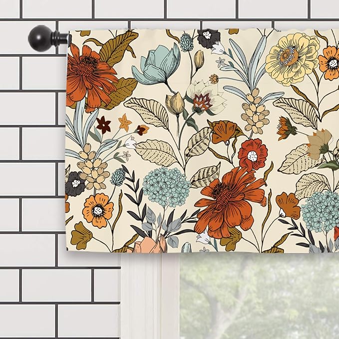 Flower Vintage Kitchen Curtain Valance 54W x 18L Inch Burnt Orange Blossom Botanical Plant Rod Pocket Short Cafe Small Window Treatment Drapes Decor